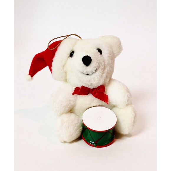 Vintage Applause White Plush Bear Christmas Tree Ornament Drummer Band Holiday - Picture 2 of 5